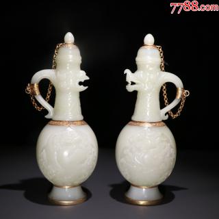 和田玉包金龙凤纹油壶一对