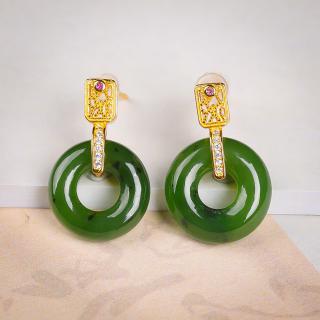lx32058 和田玉碧玉s925银镶嵌甜甜圈耳饰